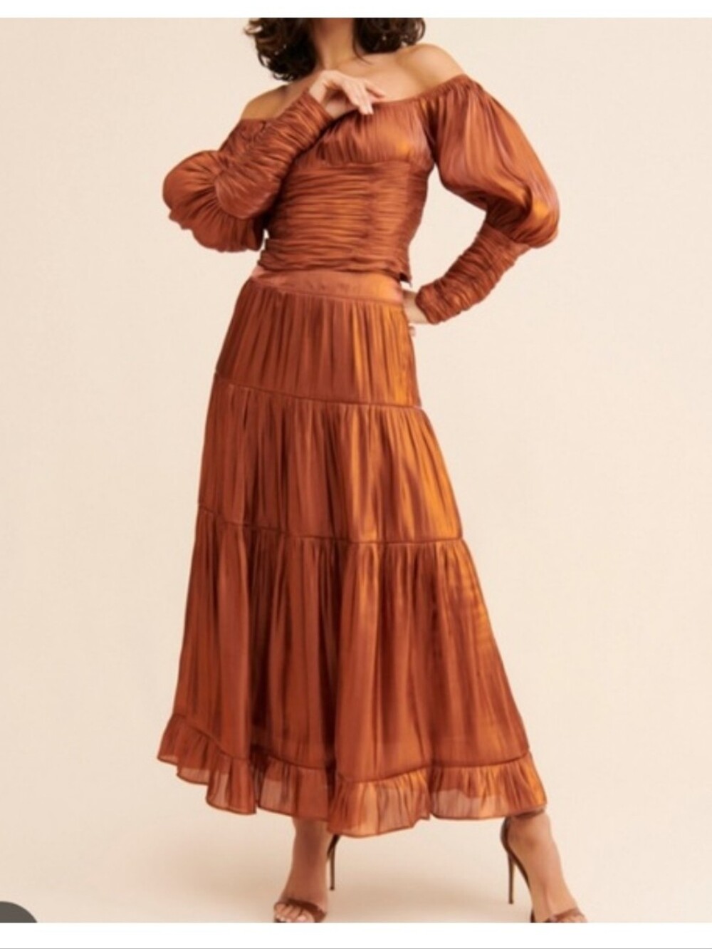 Line & Dot Danielle Tiered Midi Skirt — Rust